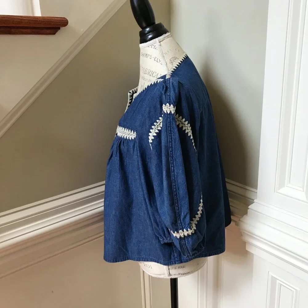 Zimmermann Chintz Denim Smock Top Shirt Blouse Womens 3 Large Blue Cotton Boho